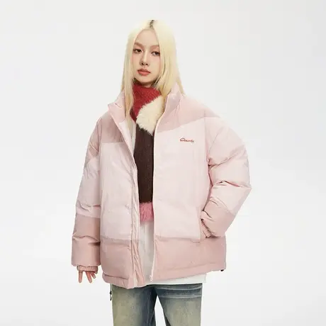 粉色复古拼接立领棉服女冬季加厚外套2023新款潮牌面包服宽松棉衣商品大图