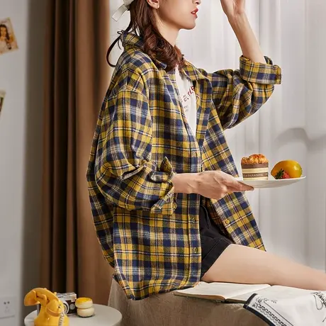 唐狮时尚格子衬衫女新款春秋新长袖衬衣外套韩版设计感小众上衣图片