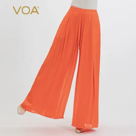 VOA提花桑蚕丝橘橙色自然腰撞料拼接乔其丝绸宽松双层真丝阔腿裤商品大图