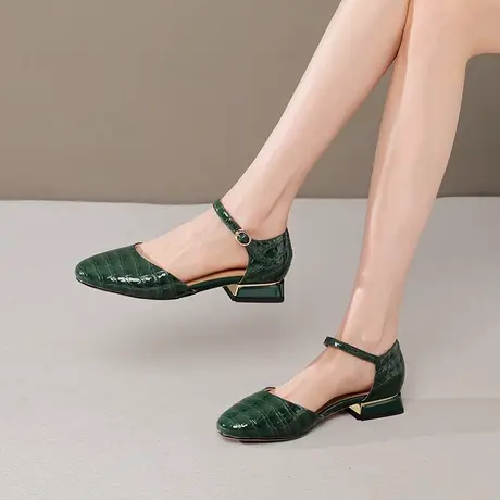 断码清仓包头凉鞋夏季女款低跟新款中空单鞋百搭粗跟软真皮鞋子女图片