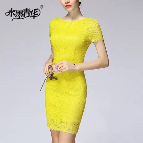 水墨青华夏装新款女蕾丝裙 优雅修身显瘦短袖蕾丝连衣裙商品大图