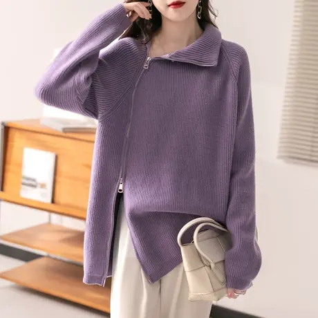 22128新款女士毛衣针织衫拉链上衣开衫外套宽松长袖常规慵懒风商品大图