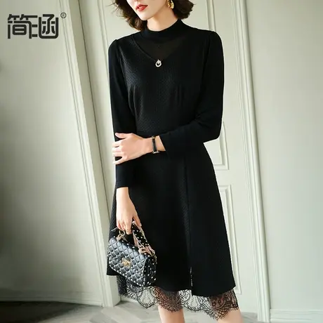 简涵大码女装秋冬黑色显瘦长袖格子针织连衣裙图片