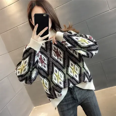 半高领格纹拼色套头毛衣女秋冬新款女装韩版宽松撞色2023年秋冬潮商品大图