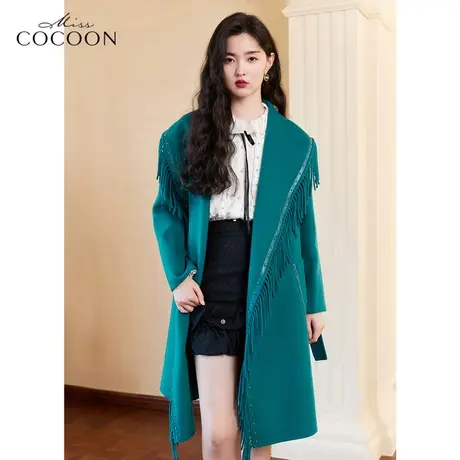 MISSCOCOON蓝色羊绒大衣女2022新款秋冬时尚中长款海军领毛呢外套商品大图