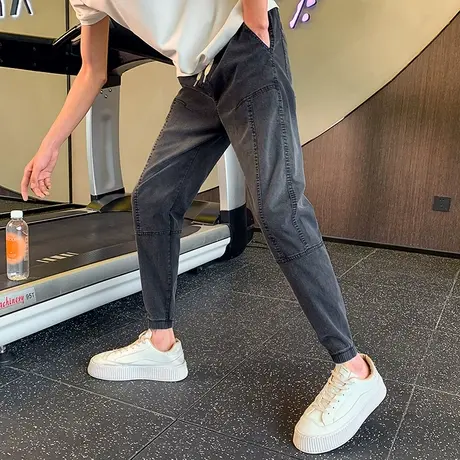 夏季男牛仔裤裤子修身潮牌休闲松紧哈伦百搭ins薄款渐变色束腿裤商品大图