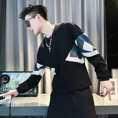 青年圆领套头撞色拼接卫衣春装新款轻熟男生简约修身情侣上衣潮男商品大图