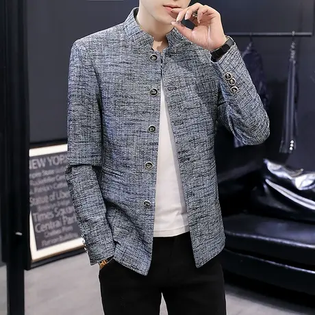 青年休闲西装韩版修身潮流中国风立领男士中山装外套秋冬毛呢西服图片