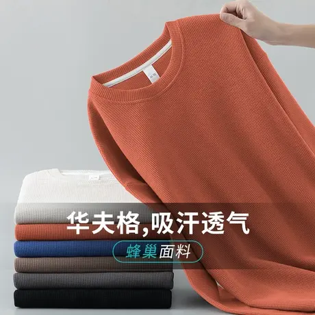 华夫格卫衣男潮流百搭套头无帽上衣服秋冬季加绒加厚纯色长袖t恤商品大图