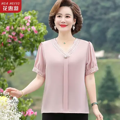 妈妈夏装洋气冰丝上衣50岁穿的衣服夏天中老年女短袖t恤时尚衬衫商品大图