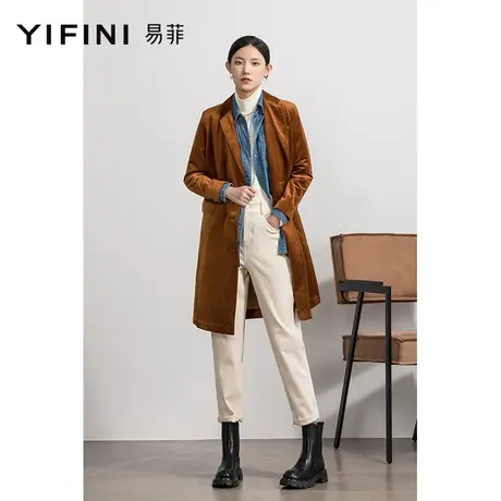 Yifini/易菲宽松长款棉服女秋新款丝绒感西装领外套休闲棉衣商品大图
