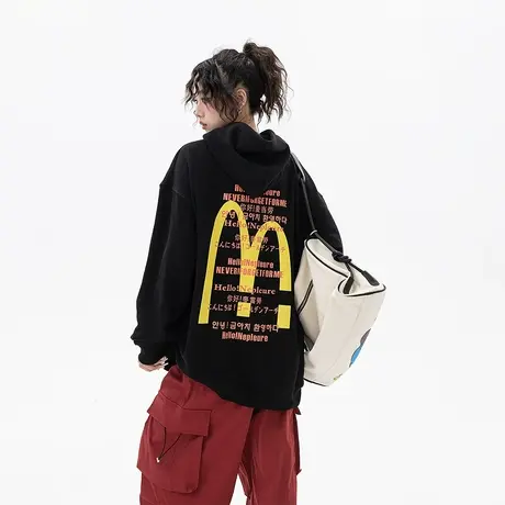 YEP黑色连帽卫衣女春秋2024年新款美式复古宽松oversize上衣外套商品大图