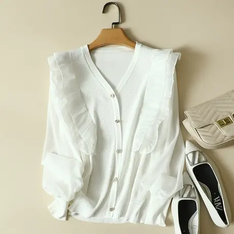 春装2024年新款雪纺袖冰丝针织假开衫女上衣宽松蕾丝打底衫女洋气图片