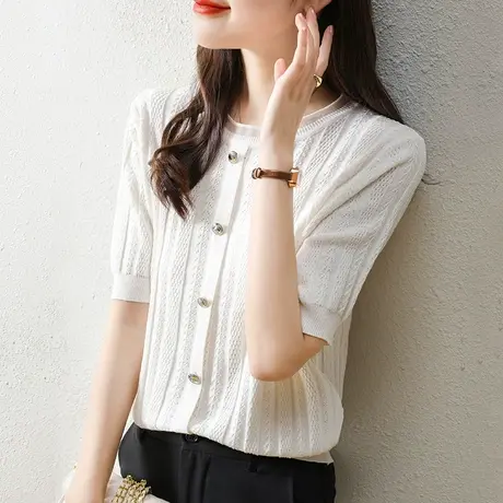 夏季女士短袖薄款空调衫套头圆领蕾丝镂空T恤韩版纯色百搭上衣图片