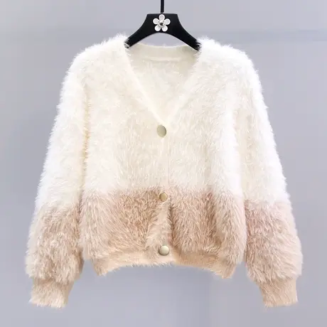 小香风渐变色水貂绒毛衣外套女冬季2023新款高级感短款针织开衫商品大图