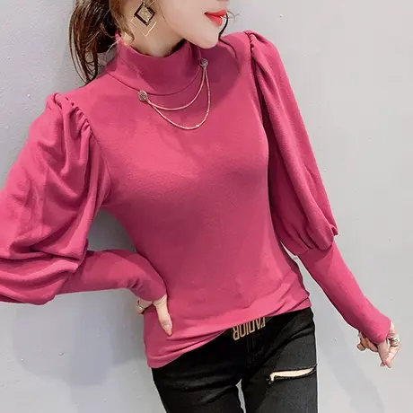 半高领打底衫女春秋新款加厚磨毛T恤女长袖时尚洋气泡泡袖上衣潮商品大图