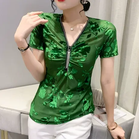 性感V领拉链T恤女短袖植绒网纱重工小衫欧货小众设计感修身上衣夏商品大图