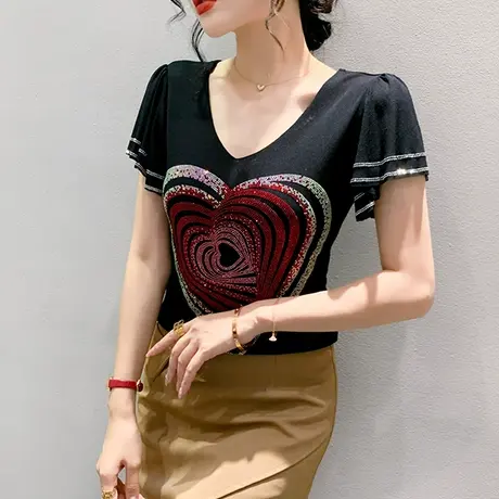 重工烫钻T恤女短袖2024夏装新款性感V领小衫洋气百搭网纱上衣体恤图片