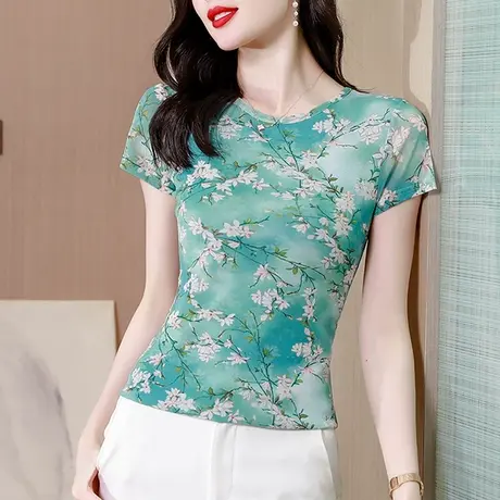 复古漂亮印花短袖T恤女士气质减龄妈妈小衫性感网纱圆领上衣夏装图片