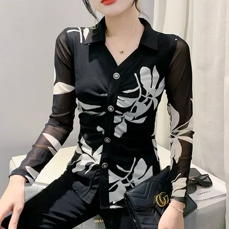 性感网纱POLO领开衫气质减龄扎染纽扣长袖上衣洋修身显瘦打底衫商品大图