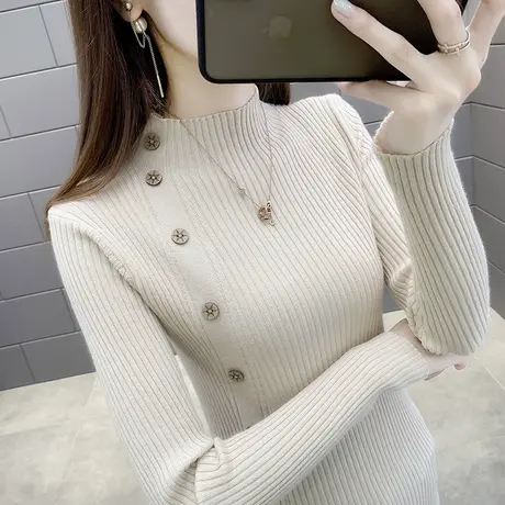 不规则纽扣设计感纯色半高领长袖针织打底衫2023冬季新款洋气内搭图片