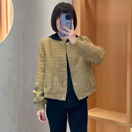 2023春秋新款韩版休闲咖色菱格短外套宽松棒球服夹克圆领上衣女潮商品大图