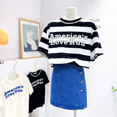 韩国东大门设计感短袖上衣2023夏季新款别致珍珠项链T恤显瘦遮肉商品大图