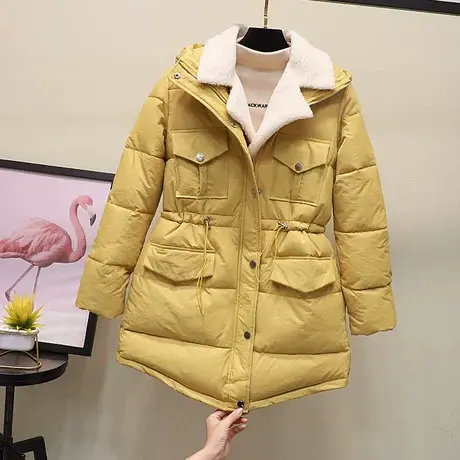 羊羔毛领拼接棉服女2023冬季新款韩版收腰ins潮学生连帽棉衣外套图片