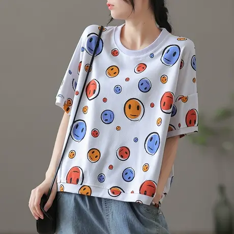 dza复古纯棉笑脸短袖t恤女士夏季薄款休闲上衣短款打底衫宽松体恤商品大图