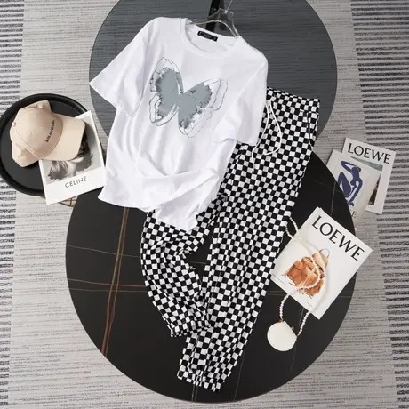 纯棉运动服套装跑步女夏季薄款短袖长裤小个子网红炸街休闲两件套图片