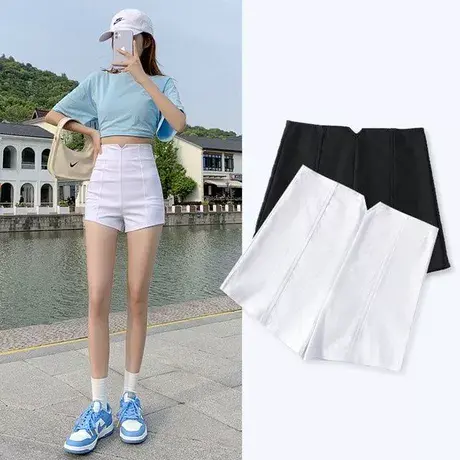 短裤女2024夏季薄款高腰大码胖mm宽松显瘦A字阔腿裤黑色休闲热裤商品大图