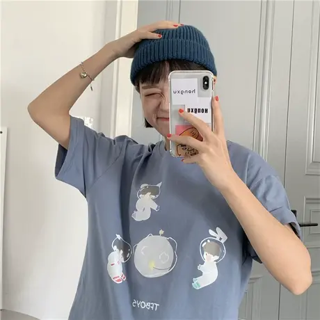 港味ins卡通可爱复古ulzzang原宿BF风2023夏装宽松纯棉短袖T恤女图片