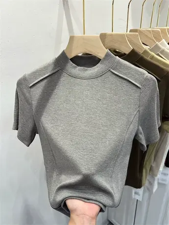 灰色半高领明线针织T恤短袖羊绒上衣女2023早秋修身设计感打底衫商品大图