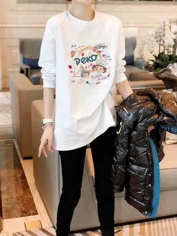 白色内搭打底衫女装2023新款秋冬季加绒中长款遮肚子长袖t恤上衣商品大图