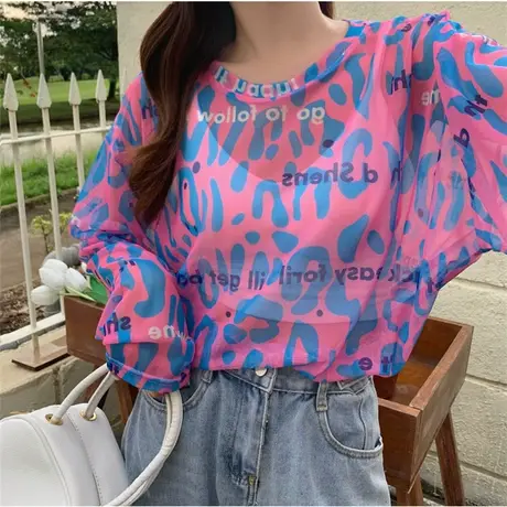 防晒t恤女夏装2023新款字母印花网纱衫长袖宽松设计感小众上衣潮图片