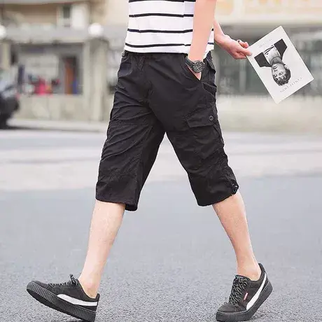 夏季纯棉工装裤薄款宽松短裤男多口袋中裤全棉休闲加大码七分裤男商品大图