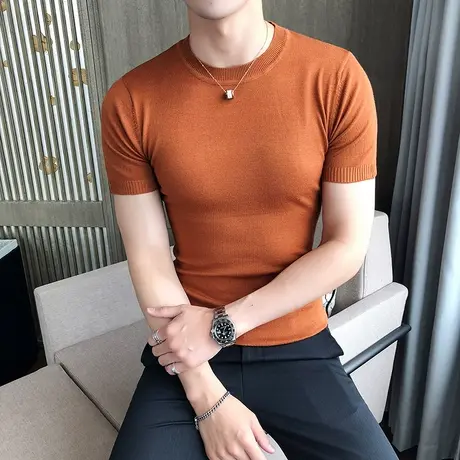 秋冬美拉德穿搭圆领针织衫男短袖修身纯色低领百搭显瘦半袖T恤潮图片