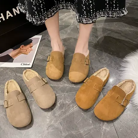 勃肯包头半拖鞋女外穿2023新款秋冬软底复古毛绒棉拖网红毛毛拖鞋商品大图