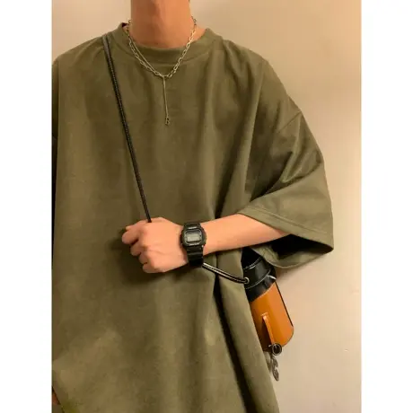 重磅短袖男士夏季2023新款美式复古大码男装T恤麂皮绒宽松体恤胖商品大图