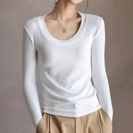 白色低圆领打底衫女2023新款秋冬内搭修身上衣外穿长袖螺纹T恤图片