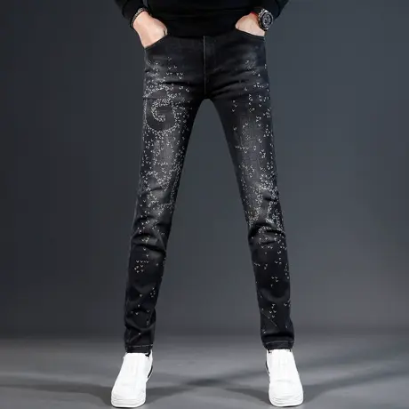 欧美刺绣牛仔裤男款修身小脚秋冬款黑色高端弹力潮流男士裤子图片