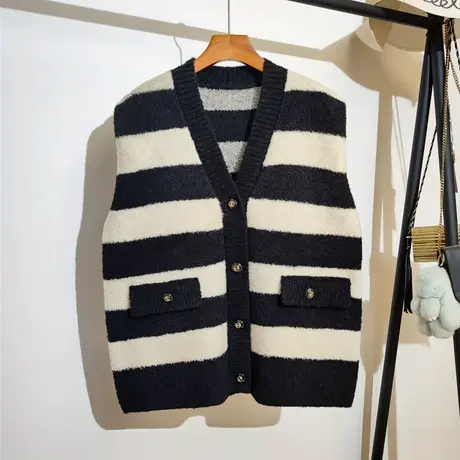 条纹针织马甲女秋冬新款宽松v领韩版东大门时尚加厚毛衣马夹外套商品大图
