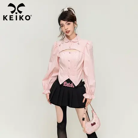 KEIKO 纯欲风粉色长袖衬衫女2024早春新高级感甜心辣妹泡泡袖上衣图片