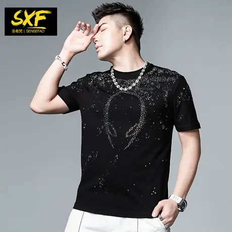 SXF圣希梵男士短袖T恤 2023新款潮牌重工烫钻体恤纯棉修身上衣男商品大图
