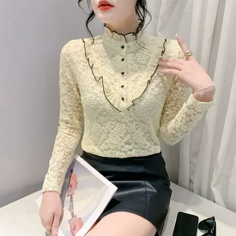 加绒秋冬2024新款时尚性感蕾丝保暖上衣女内塔套头长袖修身打底衫商品大图