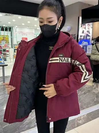 加厚棉服女冬季新款2023韩版宽松休闲加棉派克服字母刺绣连帽外套商品大图