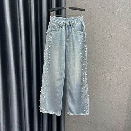 欧货浅色重工钉珠牛仔直筒长裤女2024春季新款高腰显瘦阔腿拖地裤图片