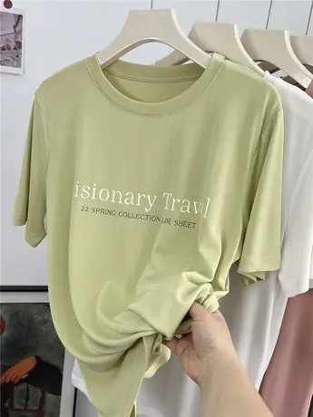 清凉舒适铜氨丝短袖t恤女夏季薄款简约字母宽松休闲圆领垂感上衣商品大图