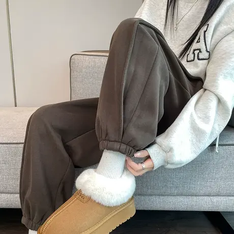 加绒运动裤女春秋冬2024年新款高腰宽松直筒显瘦九分休闲束脚卫裤商品大图