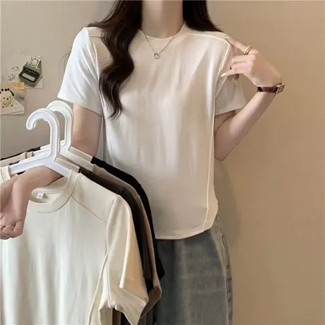 夏季纯棉圆领短袖T恤女韩版洋气修身打底小衫短款鱼骨正肩上衣服商品大图